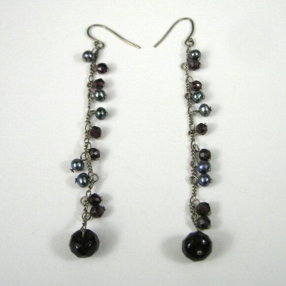 Long Dangling Earrings Garnet Faceted Stone Beads Pearls Silver Chain Dangle - Picture 2 of 9